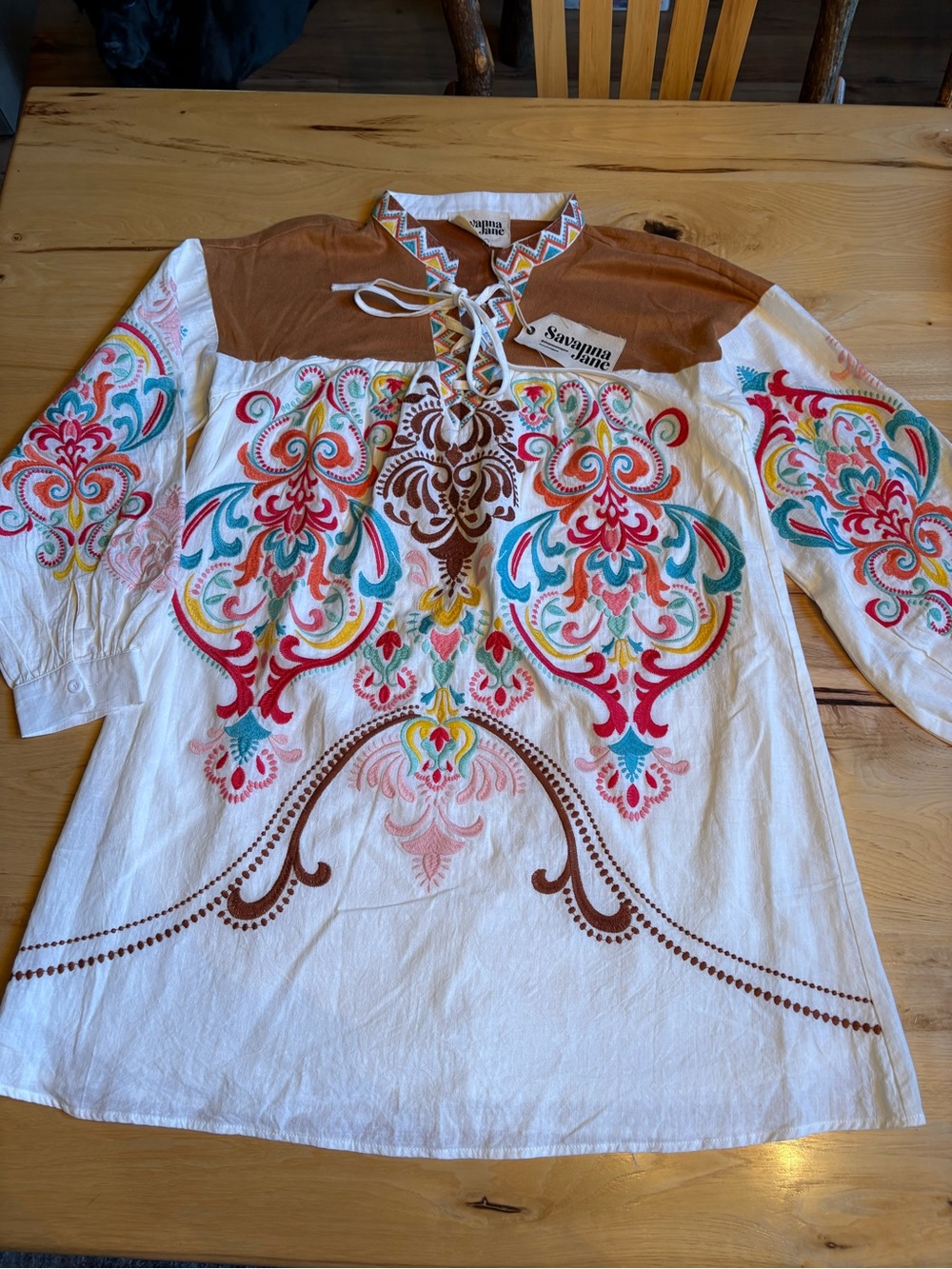 NWT Savanna Jane White Tunic Dress with Multicolor Embroidery Sz SM (oversized)